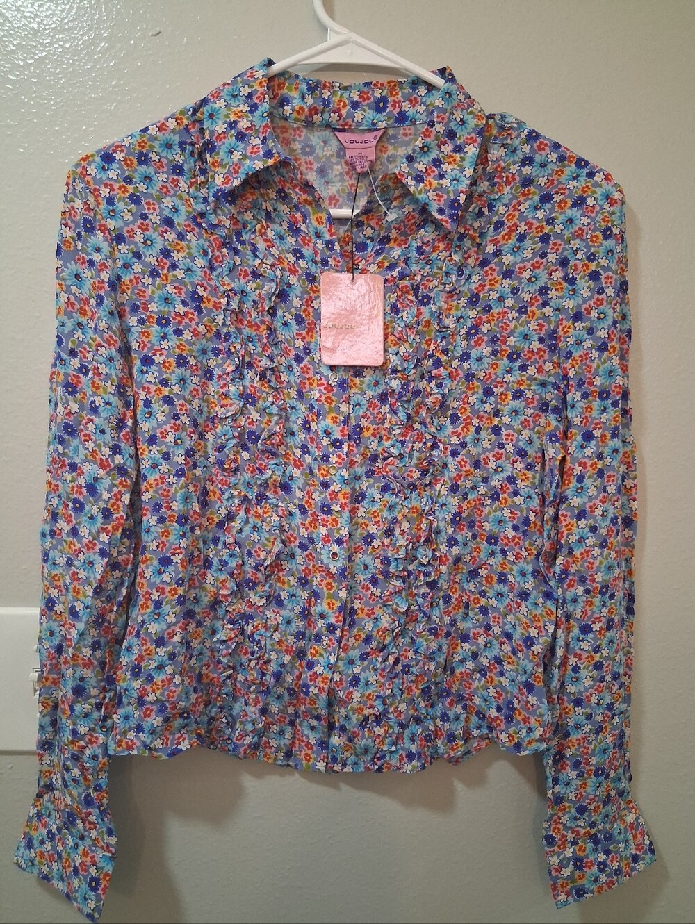 Jou Jou Blue Multi Floral Ruffle Button-Up Jacket